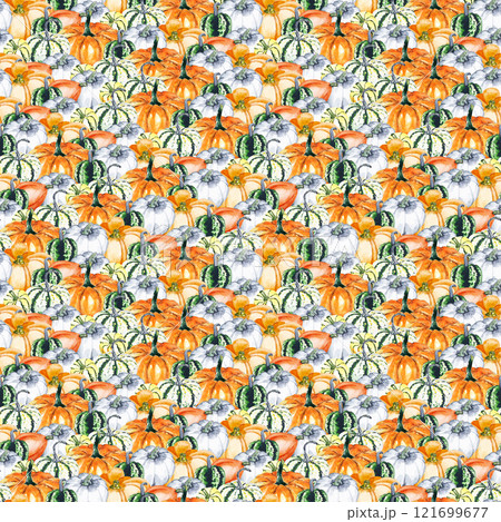 Pumpkins. Watercolor drawing of bright pumpkins. Seamless paved pattern with vegetables for your design 121699677