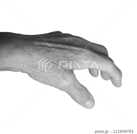 Outstretched hand gesture. Senior woman s wrinkled left hand with fingers extended, veins and Outstretched hand gesture. Senior woman s wrinkled left hand with fingers extended, veins and 121699783