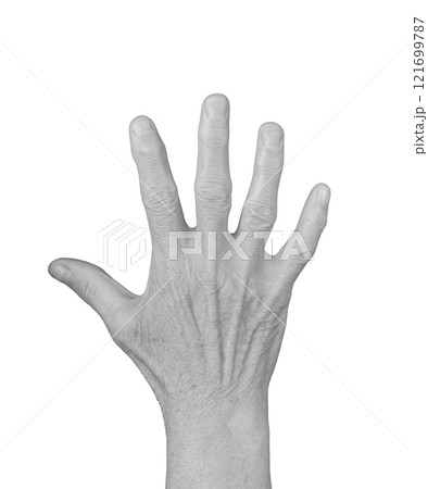 Open palm gesture. Senior woman s wrinkled hand with fingers spread wide and visible veins, 121699787