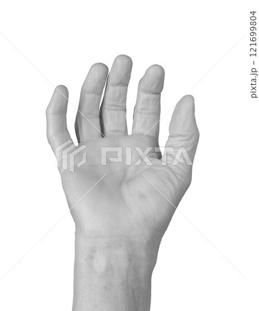 Grasping gesture. Senior woman s wrinkled hand with fingers spread and slightly curled, positioned Grasping gesture. Senior woman s wrinkled hand with fingers spread and slightly curled, positioned 121699804