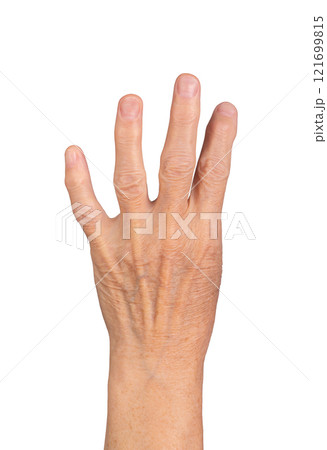 Four finger gesture. Senior woman s wrinkled hand with four fingers raised, symbolizing the number Four finger gesture. Senior woman s wrinkled hand with four fingers raised, symbolizing the number 121699815