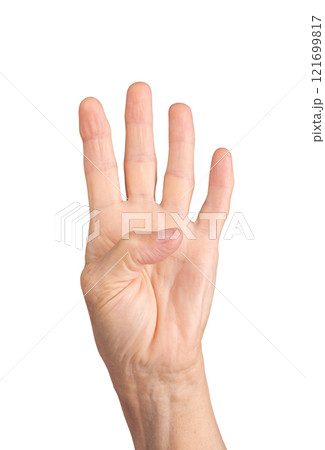 Four finger gesture. Senior Caucasian woman s wrinkled hand with four fingers raised, excluding the 121699817