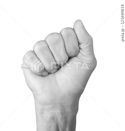 Fist gesture. Senior woman s wrinkled hand clenched tightly, symbolizing strength, struggle, or 121699818