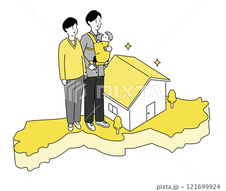 島根県の地図と若い家族・家のイラスト、ベクター 島根県の地図と若い家族・家のイラスト、ベクター 121699924