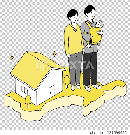 Map of Ehime prefecture and young family and house illustration, vector 121699925