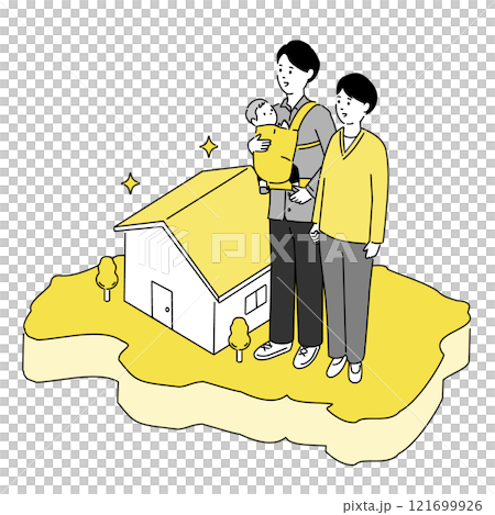 広島県の地図と若い家族・家のイラスト、ベクター 広島県の地図と若い家族・家のイラスト、ベクター 121699926