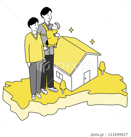 山口県の地図と若い家族・家のイラスト、ベクター 121699927