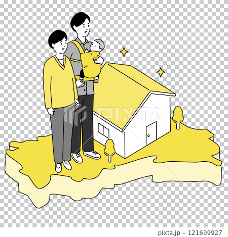 山口県の地図と若い家族・家のイラスト、ベクター 121699927