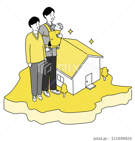 岡山県の地図と若い家族・家のイラスト、ベクター 121699928