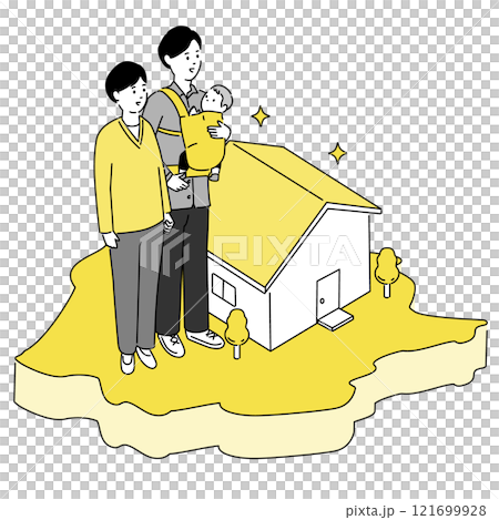 岡山県の地図と若い家族・家のイラスト、ベクター 121699928