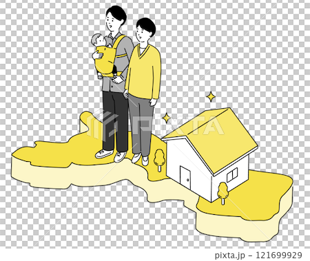 鳥取県の地図と若い家族・家のイラスト、ベクター 121699929
