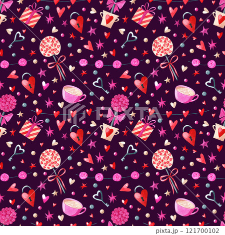 Valentine's Day seamless pattern. Watercolor hand drawn holiday endless background. Gift box, candy, heart lock, key, heart, garland. Romantic texture for wrapping paper and fabric. Valentine's Day seamless pattern. Watercolor hand drawn holiday endless background. Gift box, candy, heart lock, key, heart, garland. Romantic texture for wrapping paper and fabric. 121700102