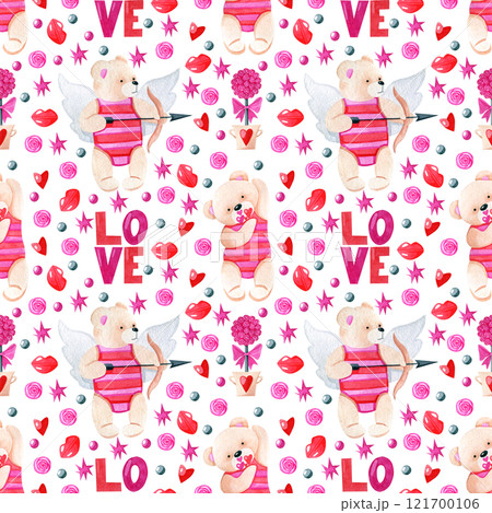 Valentine's day seamless pattern. Watercolor holiday wallpaper illustration with cute cupid bears, hearts and lips on white background. Funny bright texture for wrapping paper, scrapbooking 121700106