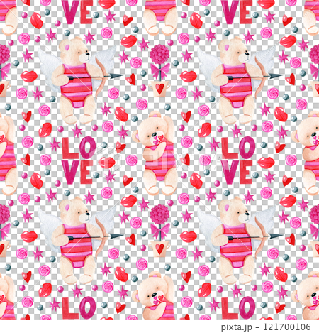 Valentine's day seamless pattern. Watercolor holiday wallpaper illustration with cute cupid bears, hearts and lips on white background. Funny bright texture for wrapping paper, scrapbooking 121700106