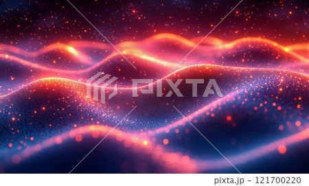 A vibrant and glowing digital landscape featuring flowing waves and sparkling lights in a futuristic design concept 121700220