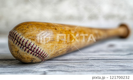 Close-up of a worn-out wooden bat, showcasing their vintage texture and rustic appeal on a weathered wooden background 121700232