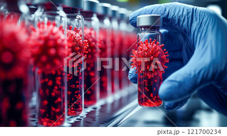A glass vial containing bright red virus-like structures, held by a gloved hand against a blurred background of red viral particles 121700234
