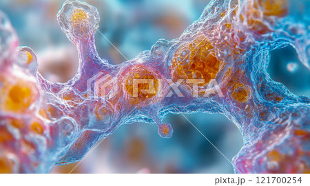 Microscopic view of a cellular structure with orange glowing cells, depicting intricate details of biological processes 121700254
