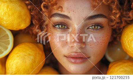 Close-up portrait of a woman surrounded by fresh lemons, highlighting beauty, citrus freshness, and skincare themes 121700255