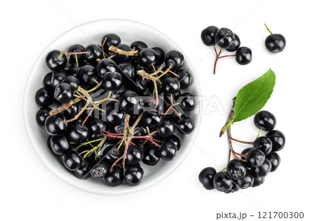 Chokeberry in ceramic bowl with leaf isolated on white background. Black aronia. Top view. Flat lay Chokeberry in ceramic bowl with leaf isolated on white background. Black aronia. Top view. Flat lay 121700300