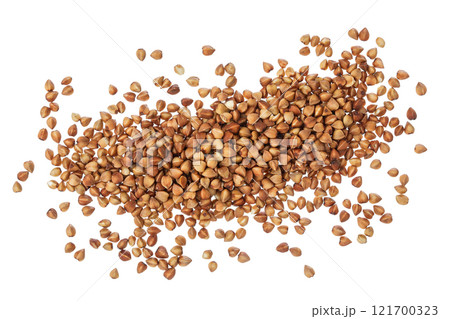 Raw buckwheat isolated on white background. Top view. Flat lay 121700323