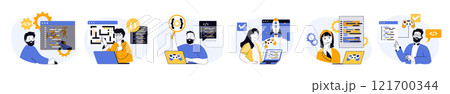 Video game developer concept set in flat web design. Collection with people programming code, engineering different computer games and testing interface. Vector illustrations on white background. Video game developer concept set in flat web design. Collection with people programming code, engineering different computer games and testing interface. Vector illustrations on white background. 121700344