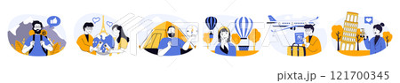 Travel and tourism concept set in flat web design. Collection with people with luggage flying in worldwide trips, visiting new countries, hiking and trekking. Vector illustrations on white background. Travel and tourism concept set in flat web design. Collection with people with luggage flying in worldwide trips, visiting new countries, hiking and trekking. Vector illustrations on white background. 121700345
