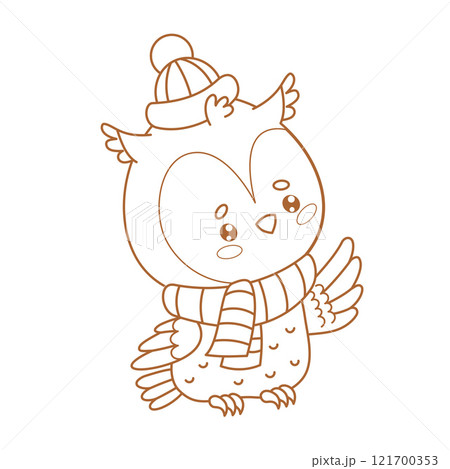 Outline cute owl in winter knitted clothes hat and scarf. Funny cartoon kawaii bird. Line drawing, coloring book. Vector illustration. Kids collection 121700353