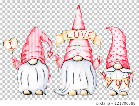 St. Valentine's day watercolor gnomes clipart isolated on white background. Holiday gnomes illustration. Watercolor dwarf. Cute character. Funny clipart. 121700389