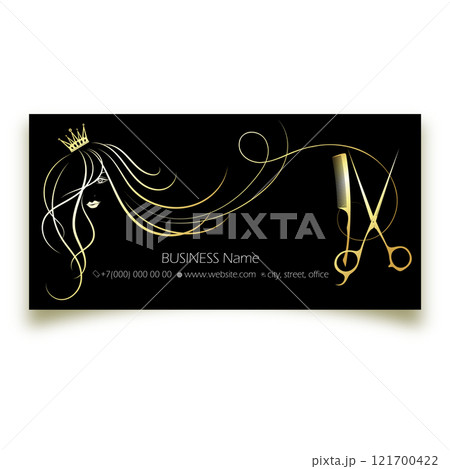 Girl with a crown of scissors and a comb. Business card for a beauty salon 121700422