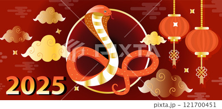 Happy chinese new year 2025 the snake zodiac sign with flower,lantern,asian elements snake logo red and gold style. Vector illustration Happy chinese new year 2025 the snake zodiac sign with flower,lantern,asian elements snake logo red and gold style. Vector illustration 121700451