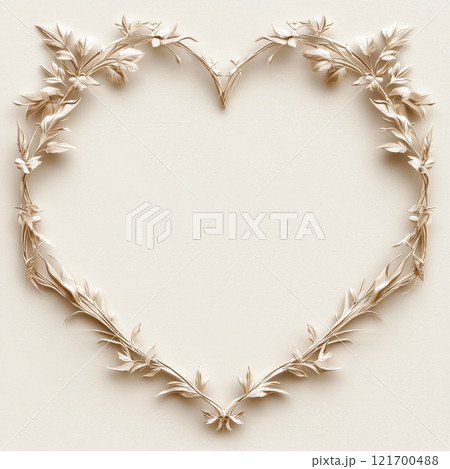 A floral heart-shaped frame made of golden elements on a light background is an example of a minimalistic, but at the same time refined decor. 121700488