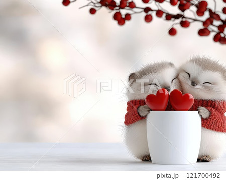 Two fluffy animals in red sweaters are holding red hearts, sitting in front of a white mug on a light background with berries.	 121700492