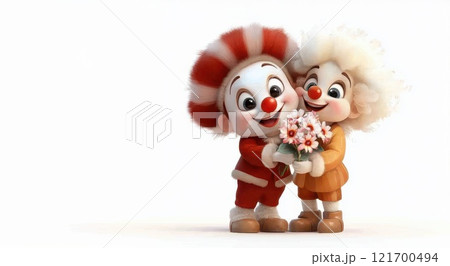The illustration shows two cartoon characters with red noses holding a bouquet of pink flowers on a white background. 121700494