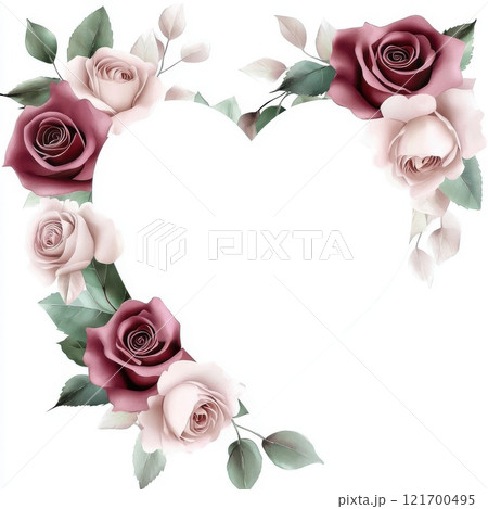 A heart-shaped flower frame decorated with pink and burgundy roses and green leaves on a snow-white background. This is a wonderful combination of romance and wedding style. 121700495