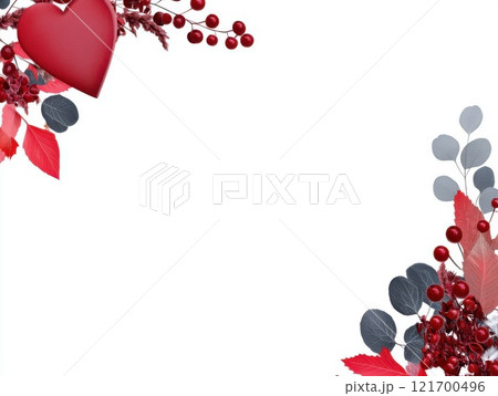 An abstract frame decorated with red berries and leaves is depicted on a white background. There is a decorative heart in the center. 121700496