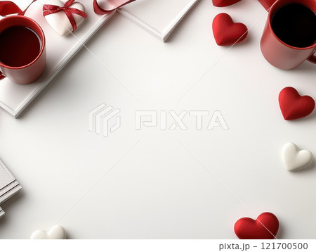 Coffee mugs, gifts and red hearts stand out on a white background, as well as an empty space, which creates an atmosphere of romance and love. 121700500
