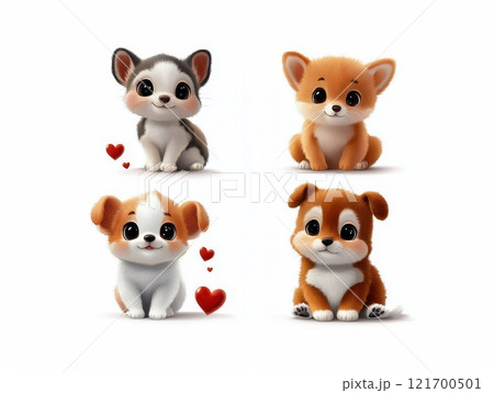 This illustration shows adorable puppies of different colors sitting on a white background decorated with red hearts. Their big eyes radiate warmth and kindness. 121700501