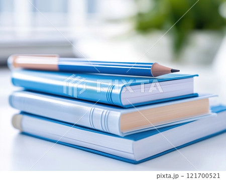 A stack of blue books is depicted on a light background, complemented by a wooden pencil. This minimalistic composition is perfect for decorating a student's office or office. 121700521