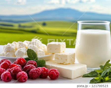 A glass glass of milk, cheese, cottage cheese, fresh raspberries and green mint leaves on the background of a pastoral landscape with fields and hills.  121700523