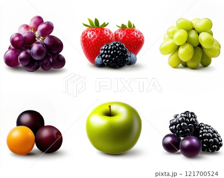 Bright fruits on a white background, including grapes, strawberries, blackberries, apples, oranges and plums. The composition emphasizes the juiciness, freshness and variety of fruits. 121700524