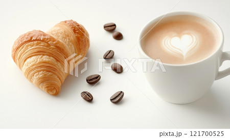A latte cup with a heart, a croissant in the shape of a heart and coffee beans on a white background all create an atmosphere of romance, minimalism, love and comfort. 121700525
