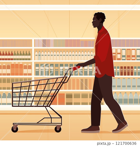 A clean and modern vector illustration depicting a man pushing an empty shopping cart in a supermarket aisle. The man is dressed in a casual red shirt and dark pants, walking through a brightly lit 121700636
