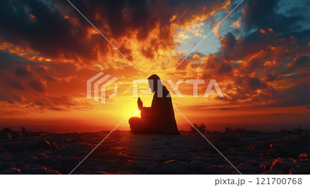 A silhouette of a Muslim man in prayer set against a sunrise with vibrant golden, orange, and pink hues, soft glowing light, peaceful and spiritual atmosphere 121700768