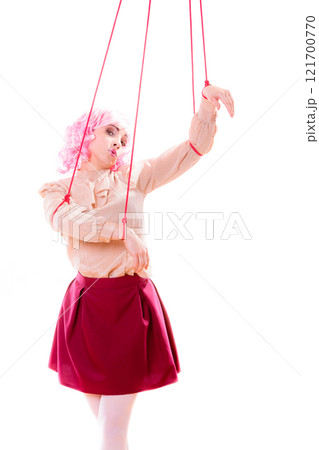 woman girl stylized like marionette puppet on string woman girl stylized like marionette puppet on string 121700770