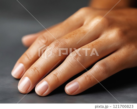 Close-up of a hand with smooth skin and visible subtle pigmentation Close-up of a hand with smooth skin and visible subtle pigmentation 121700823