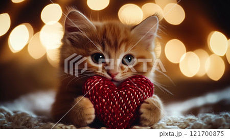 Kitten holding a red Valentine's gift box. 121700875