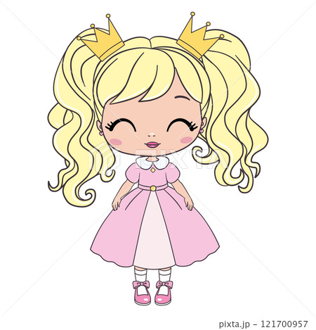 Hand drawn beautiful, cute, romantic redhead curly girl with freckles on the background with words Princess. Vector illustration. 121700957