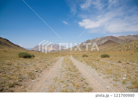 Landscape from remote region of Mongolia. Road to Altai mountains, Oigor valley 121700980