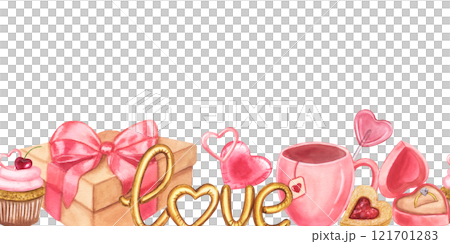 Valentine's day banner. Love, hearts, gift, ring, pink mug of tea, biscuit. Hand drawn watercolor illustration isolated on white background. For printing textile, fabrics, packaging Valentine's day banner. Love, hearts, gift, ring, pink mug of tea, biscuit. Hand drawn watercolor illustration isolated on white background. For printing textile, fabrics, packaging 121701283